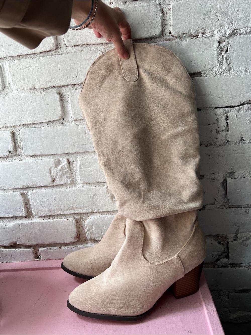 Extra Wide Calf Knee-High Heeled Boots in Light Beige